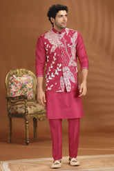 Rani Pink Silk Kurta Pajama with Printed Jacket
